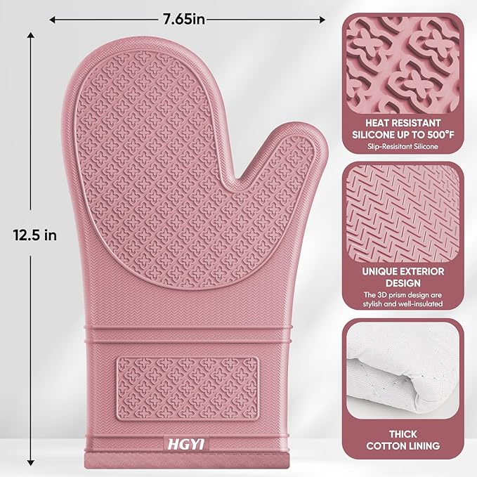 Silicone Oven Mitts, Heat Resistant Oven Gloves with Quilted Liner, Waterproof & Non-Slip Kitchen Mittens for Baking Cooking BBQ, 500°F, 12.5"-Rose Pink