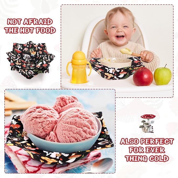 Cunhill 4 Pcs Cotton Microwave Bowl Cozy Holders for Hot Food Hot Pads Soup Bowl Potholders Heat Resistant Multipurpose Quilted Safe Holders for Kitchen Plate Supply(Black,Mushroom Style)