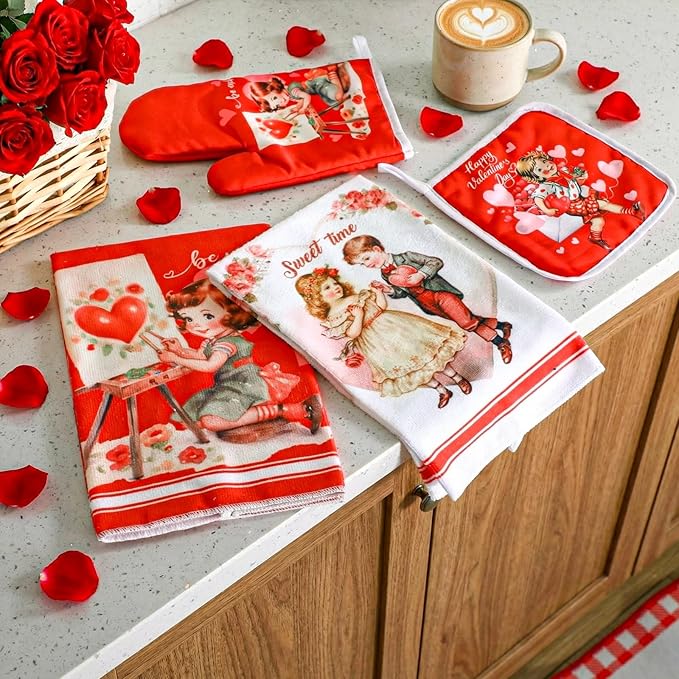 VitalCozy Set of 10 Valentines Kitchen Decor Vintage Kitchen Towels and Rugs Oven Mitts and Pot Holders Absorbent Tea Hand Towels for Accessories Gift