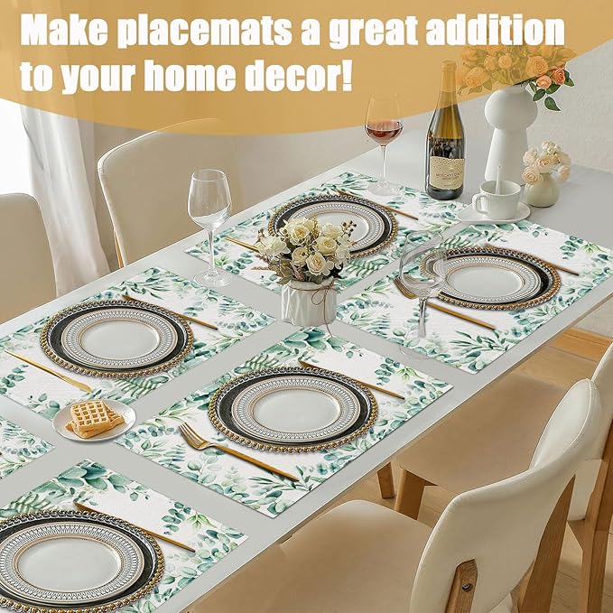 Eucalyptus Leaves Placemats Set of 6, Sage Green Linen Place Mat Washable Stain Resistant Table Mats for Farmhouse Kitchen Dining Party Wedding Decor 12x18 Inch
