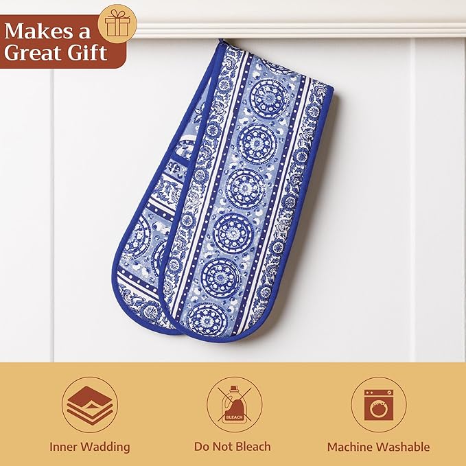 Maison d' Hermine Double Oven Mitts 100% Cotton 7"x35" Double Oven Mitt Heat Resistant BBQ Cooking Gloves with Loop Baking Grilling Gifts for Mothers Day Spring Summer (Melodie Bleue)