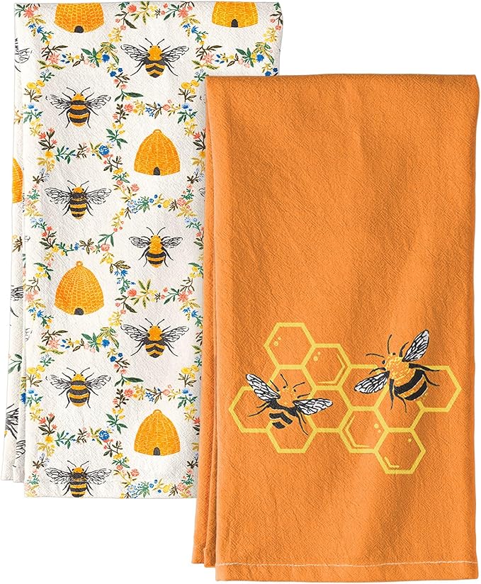 Miss Adola 2 Pack Flour Sack Kitchen Towels - 16x26 Inch Cotton Dish Towels with Hanging Loop Reusable Geometric Boho Modern Retro Tea Towel Absorbent Dishcloths Home Decor, Orange Bee