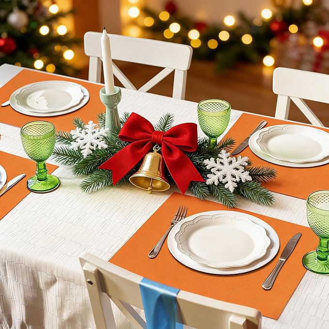 MANSPHIL Orange Cloth Placemats Set of 6 Double Layer Thick Fabric Table Mats Faux Linen Place Mats Heat Resistant Washable Wrinkle Free Dining Kitchen Table Decor, 13x19 Inch Oeko Tex Placemat