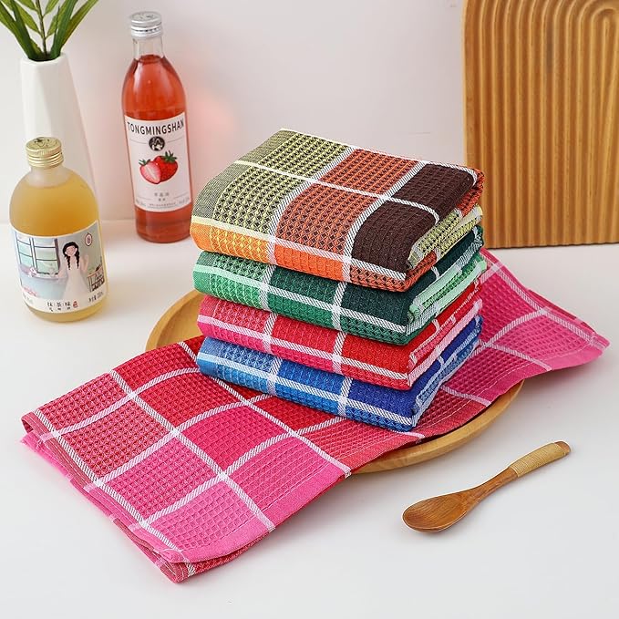 Bright Large Kitchen Towels, 4-Pack, 16 Inch x 26 Inch Buffalo Check Dish Towels for Washing Drying Dishes, Colorful Waffle Design Tea Towel Bar Towel, Buffalo
