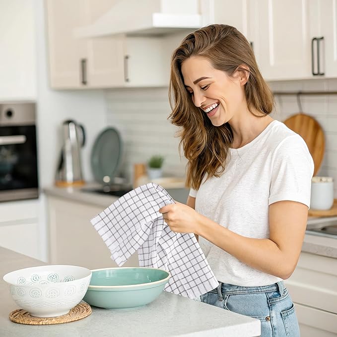 Homaxy 100% Cotton Kitchen Towels 8 Pack-15 X 25 Inches, Check Design Waffle Weave Hand Tea Towels, Super Soft and Absorbent Dish Towel for Drying Dishes, Light Grey