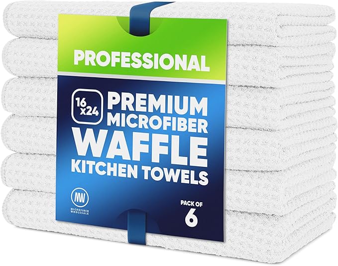 Kitchen Towels - Microfiber Waffle Weave Towels | Absorbent, No Lint, Thick, Reusable, Commercial, Soft, Hand, Tea, Glass, Bar, Sublimation Blank, Polyester Cloths (White, 16 x 24 (6 Pack))