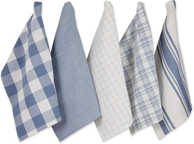 DII Everyday Basic Kitchen Collection Large Woven Cotton Dishtowel/Tea Towel Set, 18x28, Stonewash Blue, 5 Count