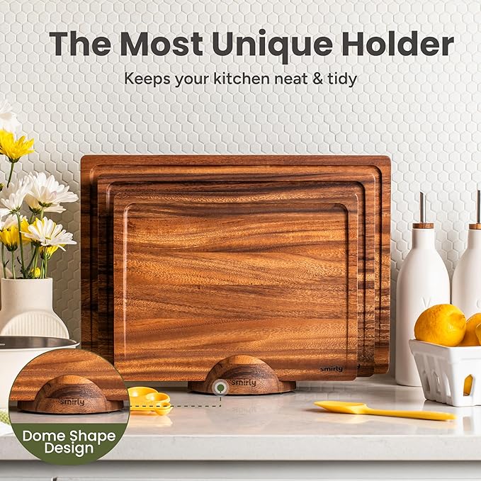 SMIRLY Walnut Wood Cutting Boards for Kitchen, Set of 3 with Holder Large - Small, Walnut Wooden Cutting Board Set with Deep Juice Grooves, Non Toxic Serving Tray, Perfect Mother's Day Gifts