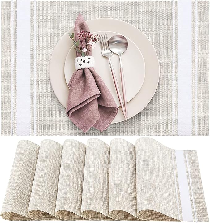 DACHUI Placemats Set of 8, Soft & Elegant Woven Vinyl Place Mats, Water Resistant, Heat Resistant, Washable, Durable Table Mats (White Stripes)