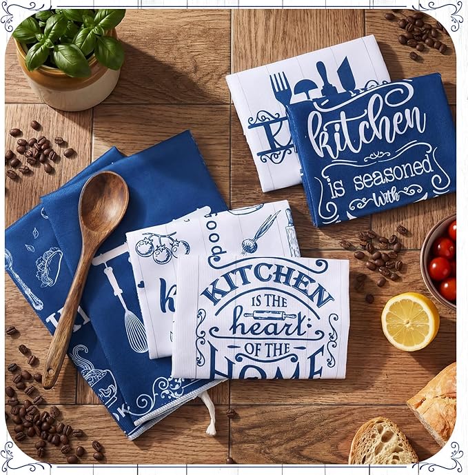 Bencailor 6 Pcs Blue White Kitchen Towels Decorative Sets Dish Towels Absorbent Fast Drying Hand Tea Vintage Hanging Reusable Cleaning Dishcloths for Cooking Farmhouse Bathroom Accessory