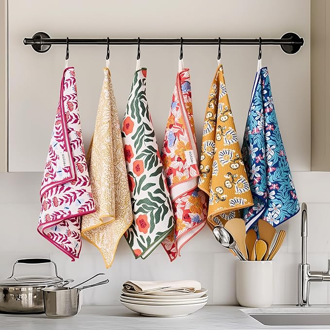 RECYCO Waffle Kitchen Towel Set of 2 - Quick Dry Microfiber Sustainable Dish Towels - Ultra Absorbent Reusable Cleaning Tea Towels - Lightweight Hand Towels,16”x 28”, Marigold Mosaic