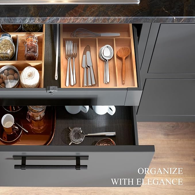 Bamboo Silverware Organizer, Kitchen Drawer Organizer, Utensil Holder, Cutlery Tray & Spoon Flatware Storage with Grooved Drawer Dividers (9.5''W x 13.5''D)