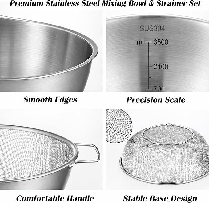Stainless Steel Mixing Bowl and Colander Set, Multipurpose Kitchen Basket with Fine Mesh Colander, Salad Mixing Bowl with Strainer,3.5 Qt Large Capacity For Rice Fruit Vegetable (Stainless Steel)