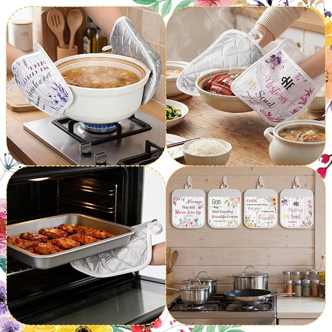 LemonRoad 12 Pcs Mother's Day Church Gifts Bulk Religious Christian Pot Holders with Pocket Mom Gifts Wildflowers Floral Gloves Pads Bible Verse Scripture Oven Mitts for Women Kitchen Baking Supplies