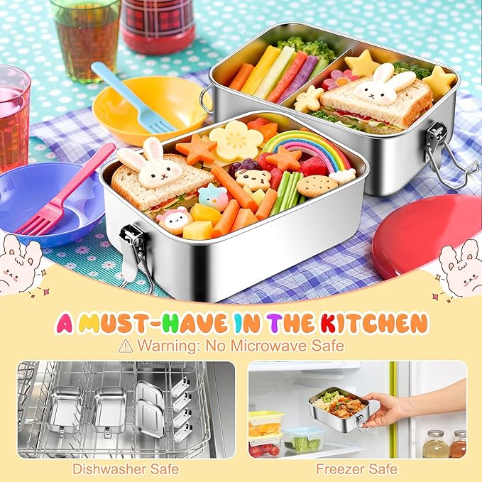 TeamFar Stainless Steel Bento Box, 2 Pack 28oz/850ml Metal Lunch Box with 3 Compartments for Adults Kids, Small Lunch Food Containers for School/Work/Meal Prep, Leak-Proof & Dishwasher Safe