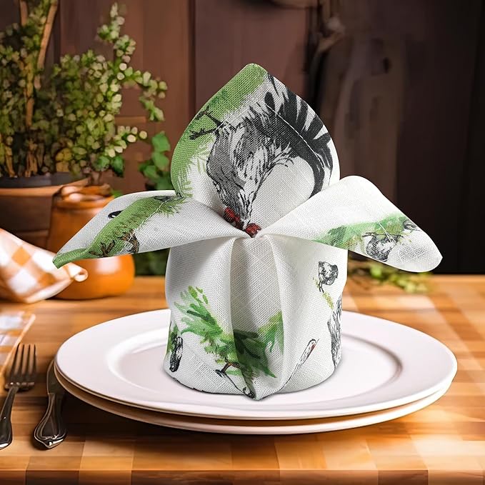 Vintage Vista Cotton Cloth Napkins Set of 4 (17" x 17") - Digital Printed Table Napkins Cloth Washable & Reusable for Everyday Use & Easter - (Green Chicken)