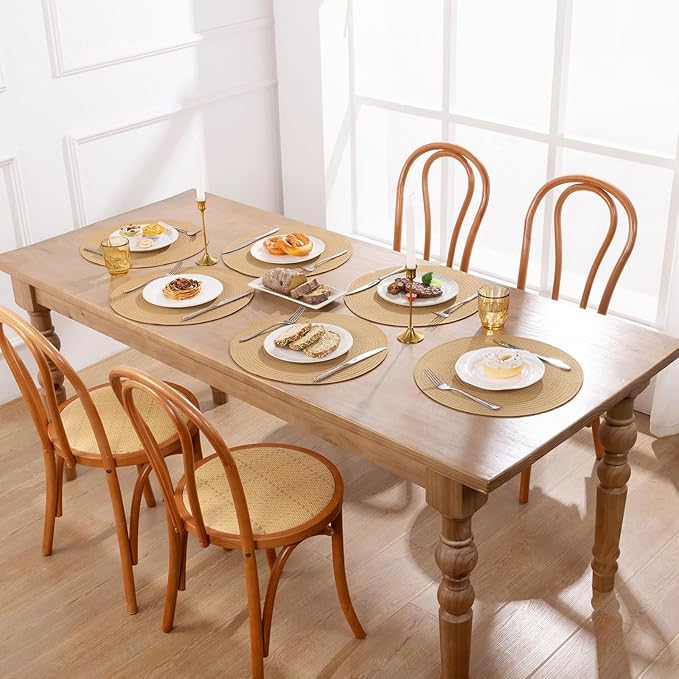 SHACOS 15 inch Round Braided Placemats Set of 4 Cotton Polyester Place Mats Washable Kitchen Dining Table Mats for Dinner Party Table Decor (Camel, 4)