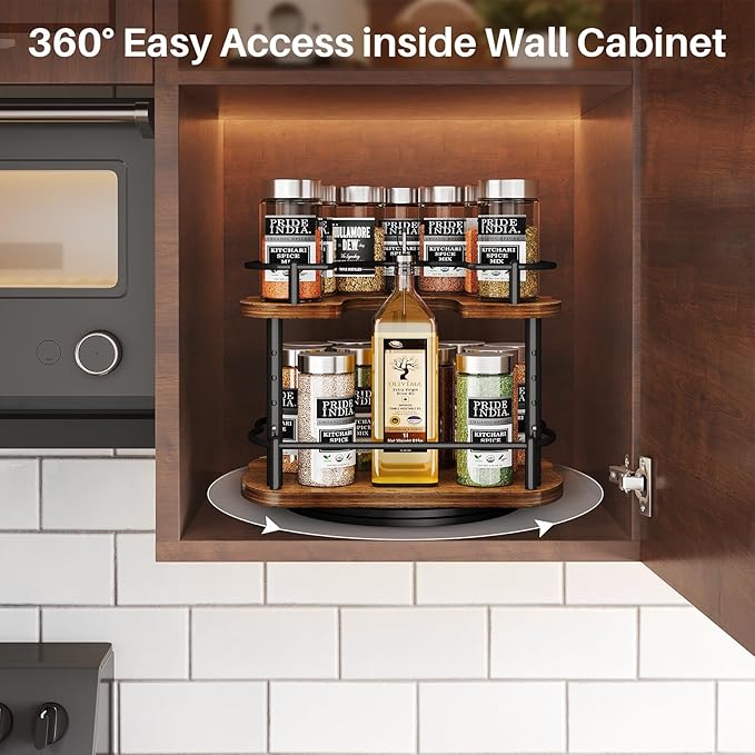 Lazy Susan Organizer Spice Rack - Spice Organization for Cabinet Height Adjustable Rotating Lazy Turntable, Pantry Kitchen Wood Revolving Seasoning Organizer (Vintage, 9 Inch)