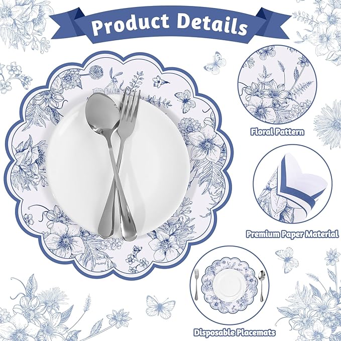 60 Pcs Blue Floral Paper Placemats, 13.5 Inch Disposable Scalloped Table Mats Wedding Placemats, Vintage Floral Banquet Place Mats for Mother's Day Table Setting Baby Shower Wedding Bridal Tea Party