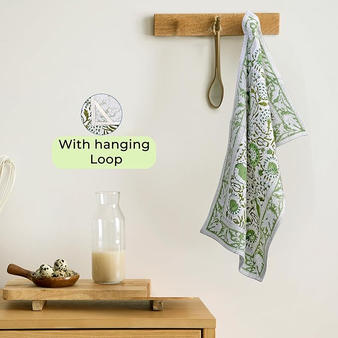 CPC Agate Green Hand Block Print Waffle Kitchen Towel Set of 3-16 x 28 Inch Ultra Absorbent Quick Dry Cotton Dish Towels Lightweight Reusable Sustainable Tea Towels for Cleaning and Drying