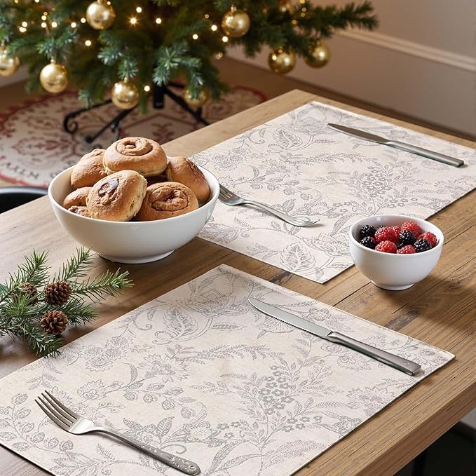 JINCHAN Linen Floral Placemats Set of 4 Cloth Table Mats Rustic Cottagecore Botanical Outdoor Seasonal for Kitchen Dining Table Decor Non-Slip Washable Tablemats 13x19 Inch Grey