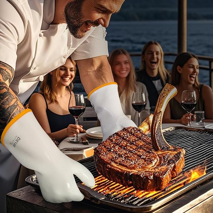 DEYAN Silicone BBQ Gloves - 600°F Heat Resistant Oven Mitts for Grilling, Smoking & Baking - Waterproof, Oil Proof Non-Slip Kitchen Gloves for Cooking, Frying, BBQ Accessories(White, 7/S)