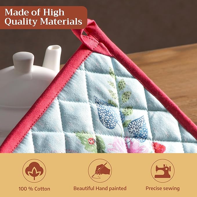 Maison d' Hermine Pot Holders 100% Cotton Heat Resistant Potholders 8" x 8" Hot Pads with Loop BBQ Baking Gifts for Mothers Day Handling Hot Pans Spring/Summer (Pack of 1, Jardin D'Ete - Mint)