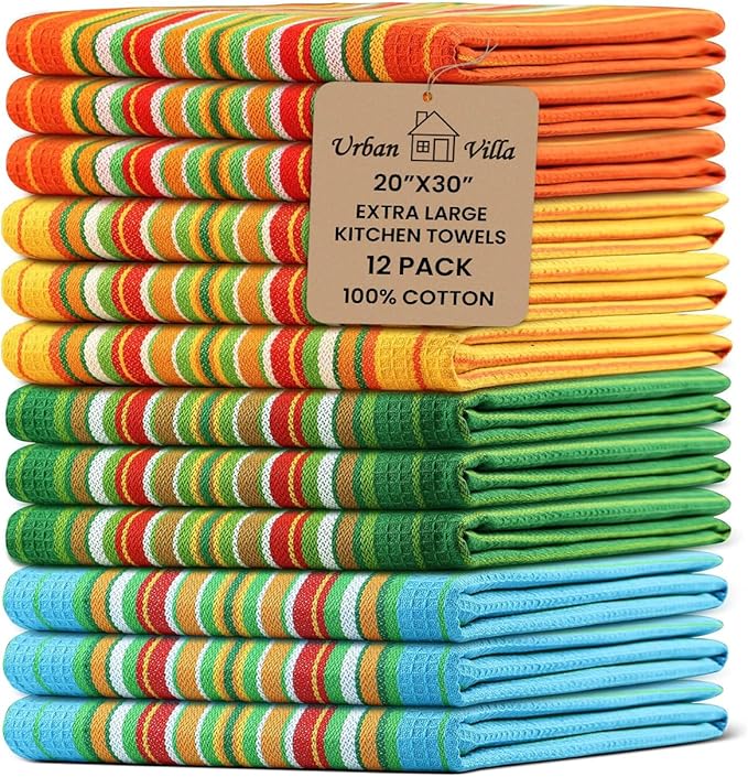 Urban Villa Kitchen Towels 100% Cotton Dish Towels for Kitchen(Set of 12)20”x30” Dish Cloths Highly Absorbent Kitchen Linen Set with Hanging Loop Perfect for Drying Dishes Cleaning Towels -Multi Color