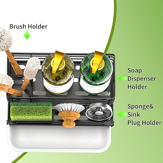 Cisily Large Black Sponge Holder for Kitchen, Sink Caddy Sink Organizer Rack for Kitchen Accessories with Drip Tray, Rustproof and Non-slip, Soap Dispenser Countertop Organizer Essentials for New Home