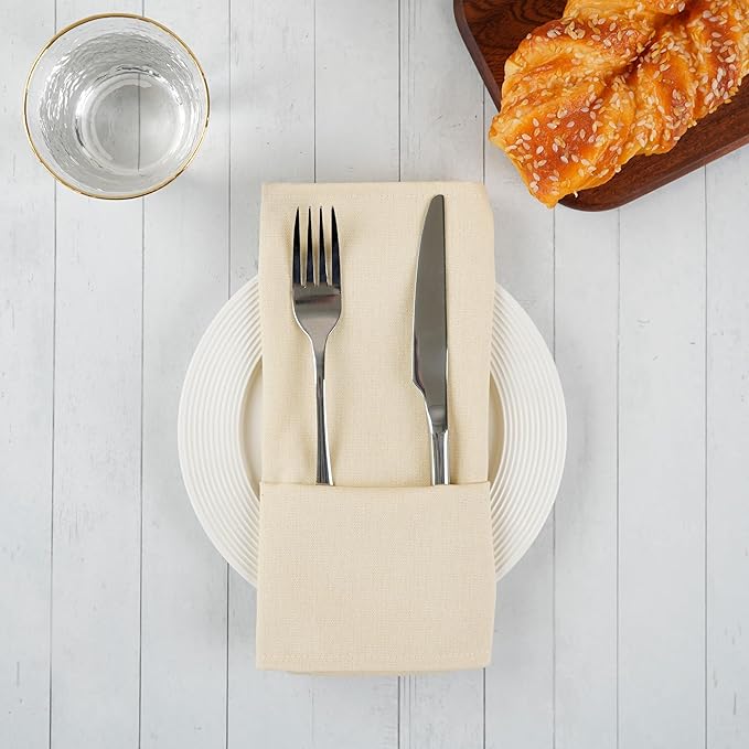 Solid Color Cotton Blended Dinner Cloth Napkins - Set of 12 (17 x 17 inches) - for Events & Home Use (Beige)