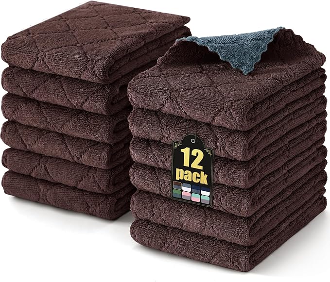 Mordimy 12 Pack Kitchen Towels (20" x 10", Dark Grey & Brown), Super Soft and Absorbent Dish Towels, Coral Velvet Microfiber Cleaning Cloth, Nonstick Oil Fast Dry Dish Cloths