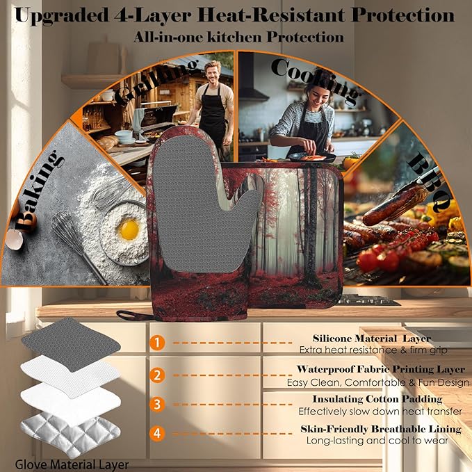 Forest Oven Mitts and Pot Holders Sets Red Trees Landscape Silicone Heat Resistant Kitchen Oven Gloves Pot Holder for Cooking Baking Grilling BBQ