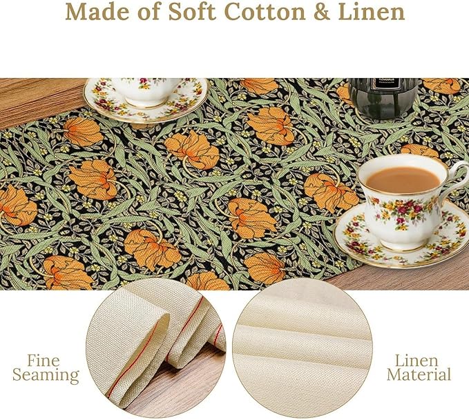 William Morris Floral Table Runner Vintage Farmhouse Sage Green Orange Art Printed Dinner Runner for Home Kitchen Dining Table Decor Fabric 1 Panel W13xL36in