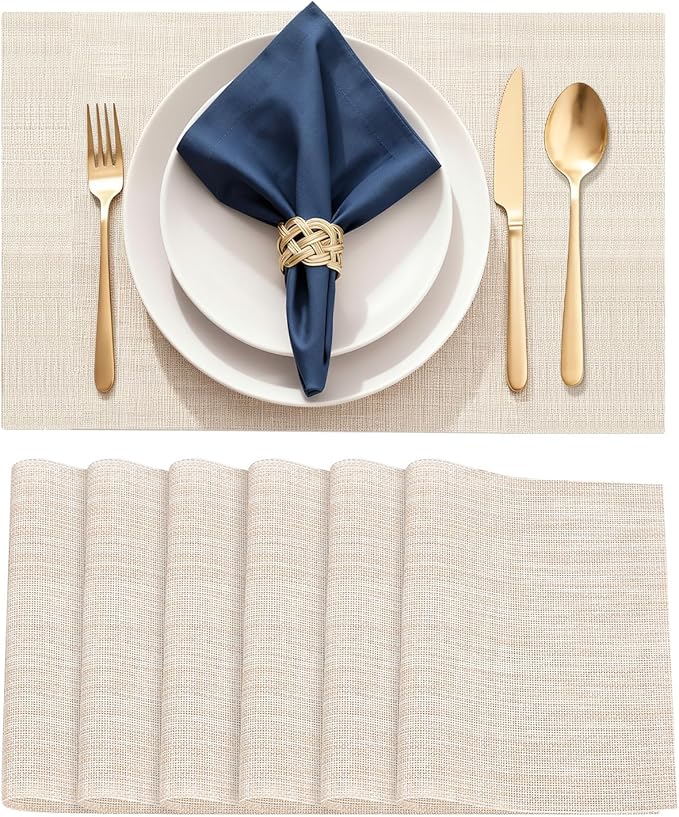 Durable Vinyl Placemats Set of 6, Non-Slip for Dining Table Mat, Heat Resistant Place Mats, Washable Anti-Slip PVC Easy to Clean Wipeable Premium Plastic Mats for Kitchen Beige