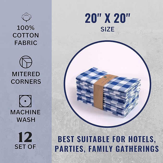 FINGERCRAFT Cloth Napkins, Everyday Use, Premium Quality, Cotton Buffalo Plaid, Set of 12, 20X20 Inch Oversized Napkins Cloth Mitered Corners, Soft, Durable Hotel Quality Blue White Checkered