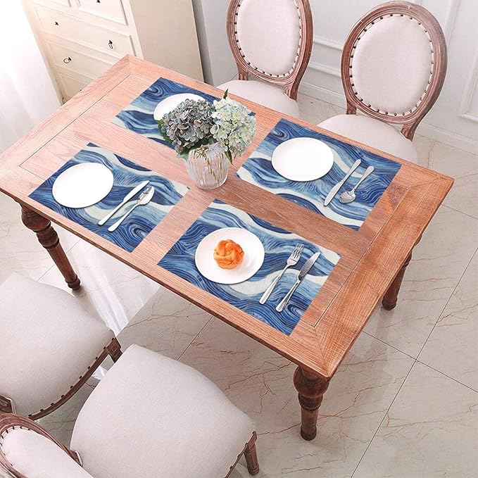Blue and White Ocean Inspired Linen Placemats Set of 4, Washable Heat-Resistant Decorative Coastal Navy Blue White Wave Patterned Table Mats for Home Dining Parties, Gift for Beach Lovers, Home Decor