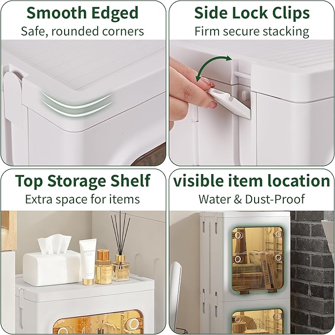 VECELO 188 QT Stackable Storage Bins with Lids, Tall Slim 4-Tier Organizer with Wheels, Lockable Clear Doors, Foldable Storage Cabinet for Kitchen, Bathroom, Laundry & Bedroom