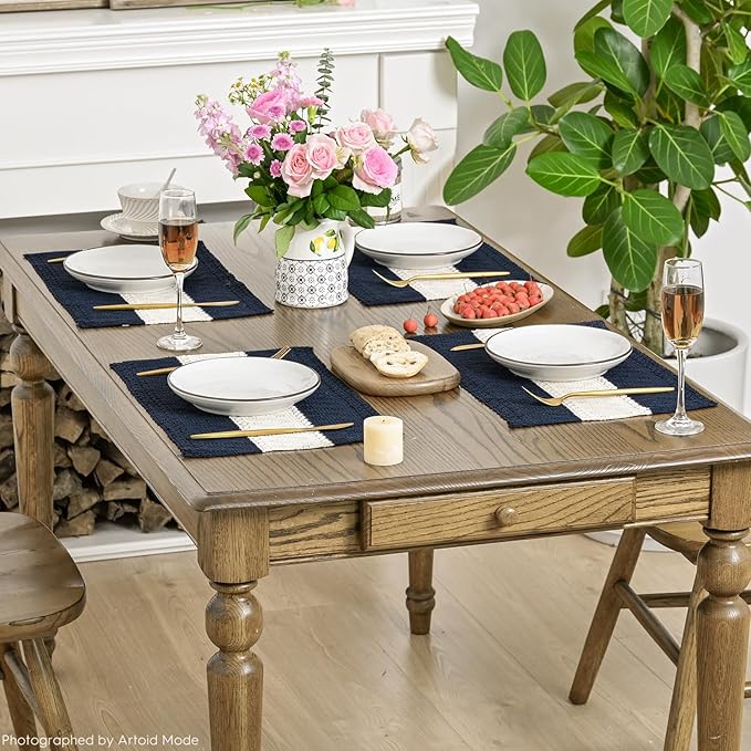 Artoid Mode Dark Blue Farmhouse Rustic Placemats Set of 4,12x18 Inch Seasonal Hollow Table Mats Party Kitchen Dining Decoration