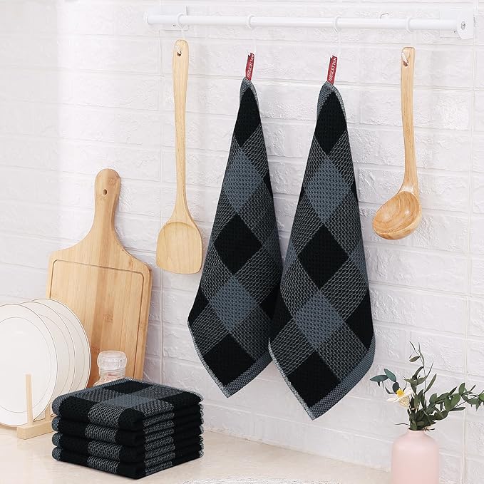 Homaxy 100% Cotton Waffle Weave Check Plaid Dish Cloths, 12 x 12 Inches, Super Soft and Absorbent Dish Towels Quick Drying Dish Rags, 12-Pack, Black & Grey