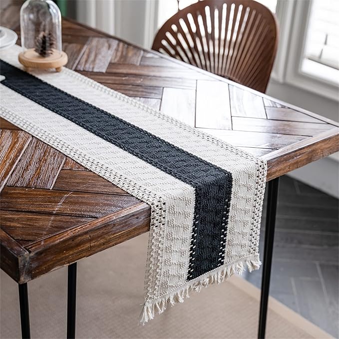 Alynsehom Macrame Table Runner Cream Beige and Black Boho Table Runners with Tassels Hand Woven Cotton Table Runner Rustic Farmhouse Table Runners for Bohemian Kitchen Dining Table(12x48in)