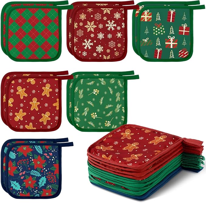 Bencailor 12 Pcs Pot Holders with Pocket Kitchen Hot Potholders Hot Pad Oven Mitts Cookie Bag Oven Gloves for Kitchen Gift Baking Cooking(Red and Green,Christmas)