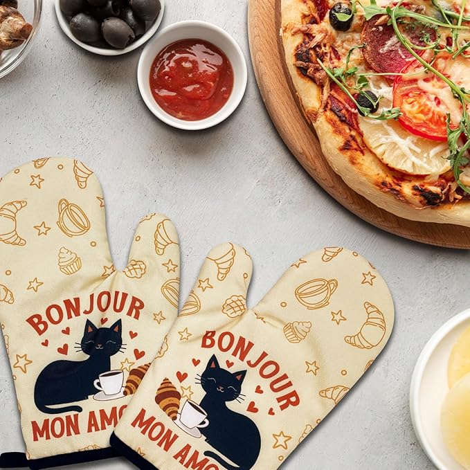 2 Pack Funny Black Cat Oven Mitts, Bonjour Mon Amour, Heat Resistant Silicone Non-Slip Mitts, Christmas Birthday Gifts for Cat Lovers, Sweet Housewarming Gifts for Hostess Mom Wife Friend