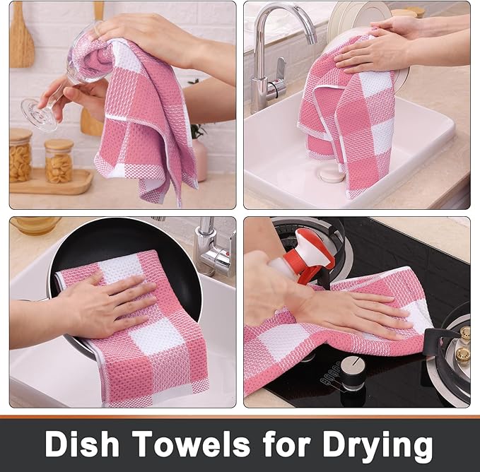 Mordimy 100% Cotton Waffle Weave Kitchen Towels, 13 x 28 Inches, Super Soft and Absorbent Buffalo Check Dish Towels for Drying Dishes, 4-Pack, Pink