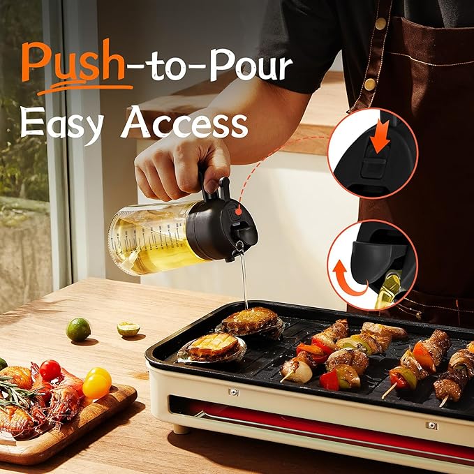 TrendPlain 16oz/470ml Glass Olive Oil Sprayer for Cooking – 2 in 1 Olive Oil Dispenser Bottle for Kitchen Gadgets and Air Fryer Accessories, Salad, BBQ - Black & Navy