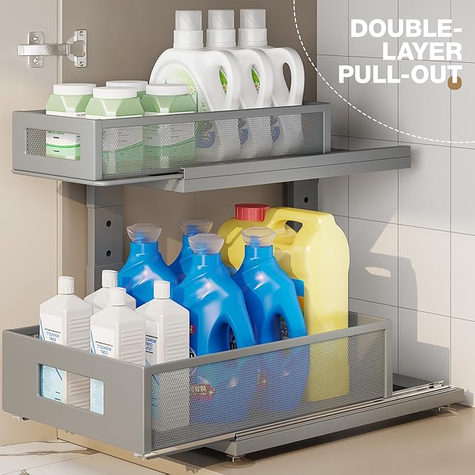 1 Pack Under Sink Organizer With Next-Gen Ball-Bearing Slides,2-Tier Pull Out Cabinet Storage,Height Adjustable Drawer Shelf for Bathroom,Kitchen,Laundry,Cabinet,Pantry-Gun Gray