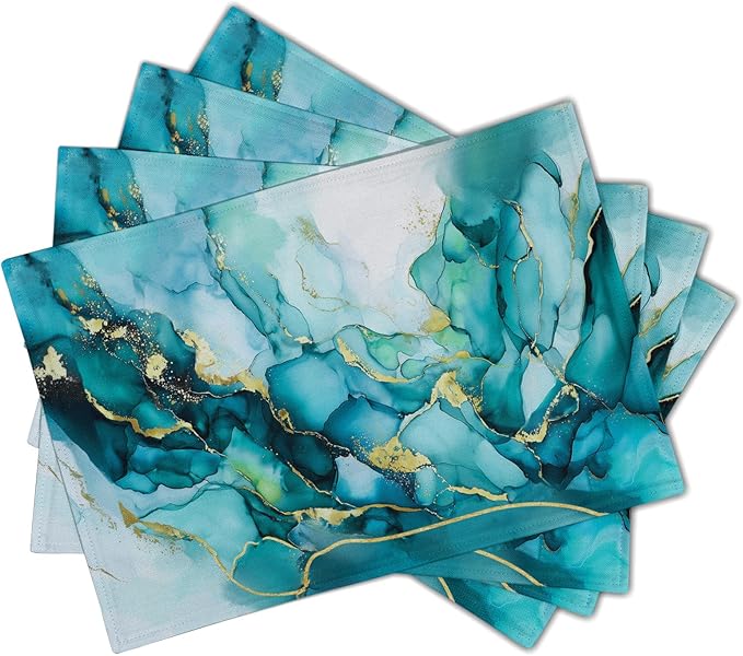 Giwawa Teal Marble Placemats Set of 4- Turquoise Blue Gold Marbling Linen Place Mat 12x18 Inch- Modern Stone Print Washable Heat Resistant Table Mats for Kitchen Dining Indoor Outdoor Decor