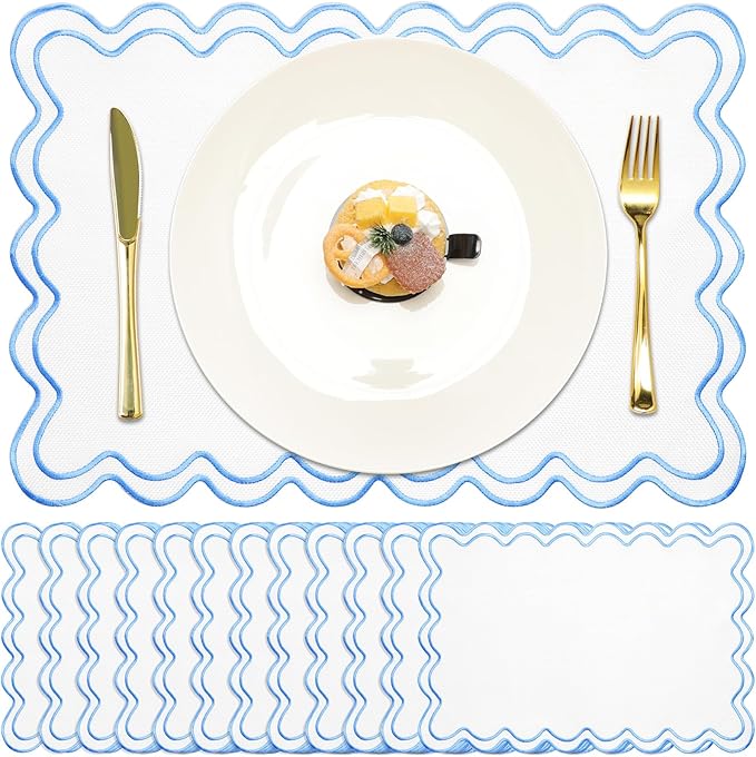 Linen Placemats Set of 12 Scalloped Placemat 13 X19 Wavy Embroidery Double Layered Washable Farmhouse Dinner Fabric Table Mat Napkin for Wedding Party Christmas Hotel Restaurant(Sky Blue)