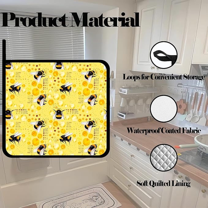 Cute Honey Bee Pot Holders Set of 2,Kitchen Heat Resistant Potholder for Microwave Cooking Baking Oven and BBQ