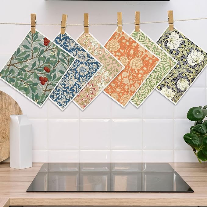 Whaline 12 Pcs William Morris Floral Swedish Dishcloths Vintage Greenery Flower Kitchen Towels Reusable Cotton Absorbent Dish Towels for Home Housewarming Cleaning, 7 x 8 Inch