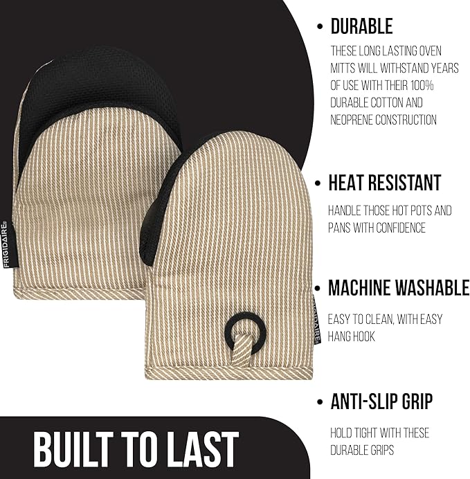 Frigidaire Layla 2-Pack Cotton and Neoprene Mini Oven Mitts, Heat Resistant, Anti-Slip, Machine Washable, 5.25" x 8", Beige, Set of 2